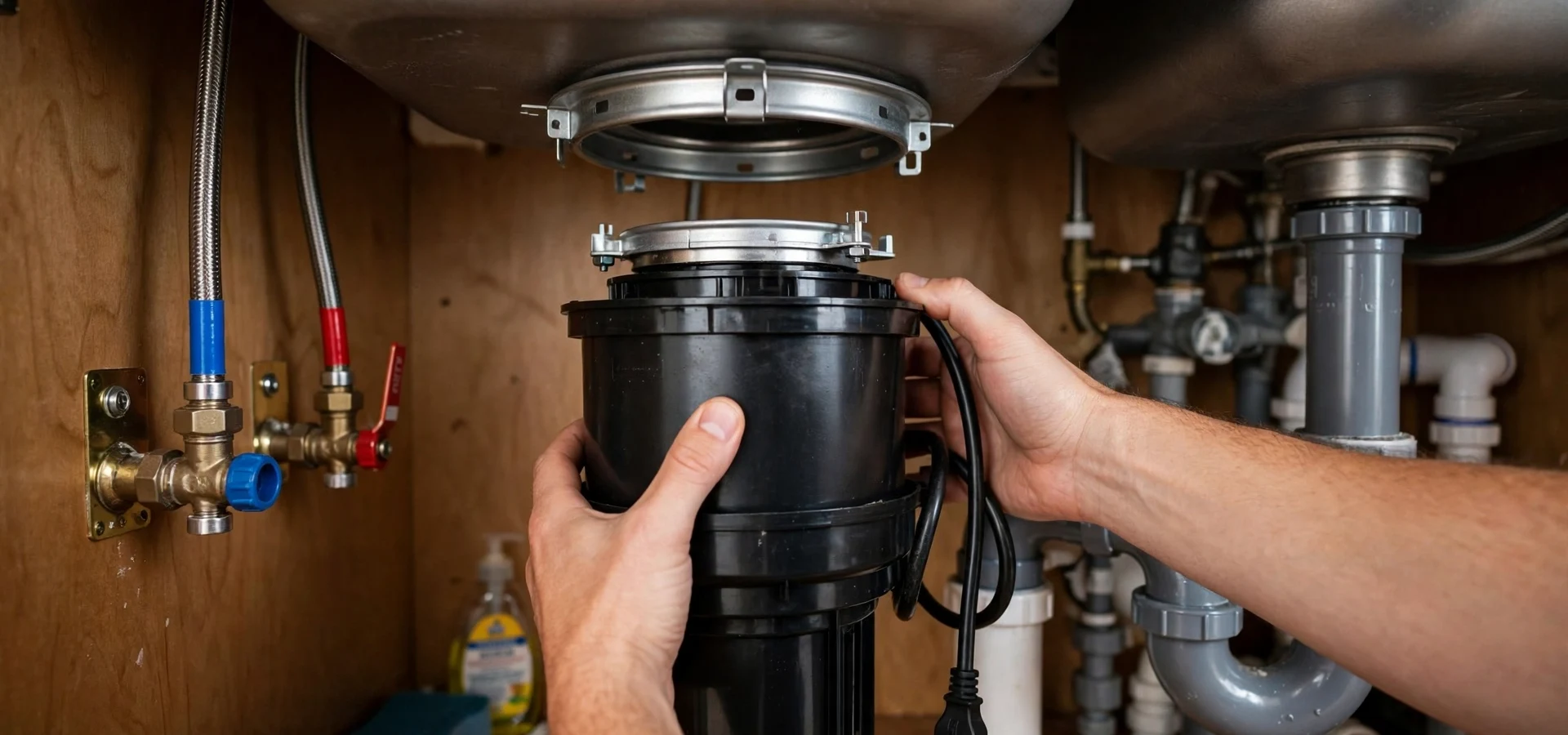 Hands lifting a garbage disposal into place under a kitchen sink