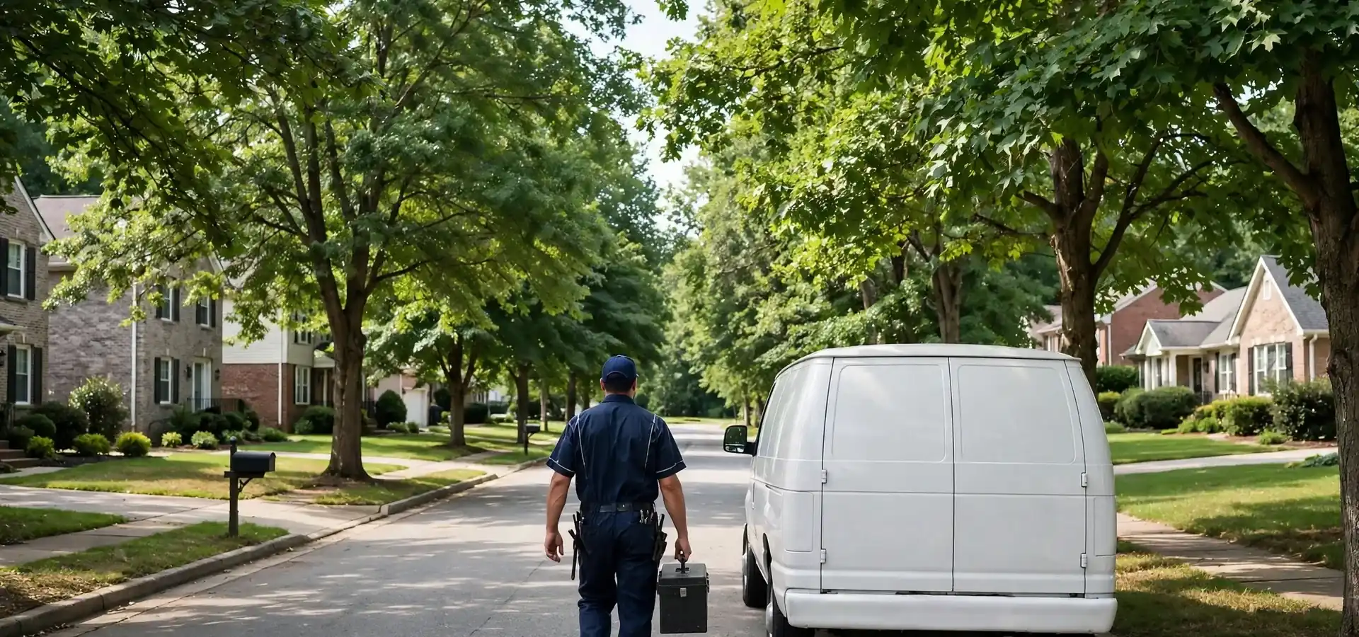Plumber walking toward a white van on a tree-lined residential street