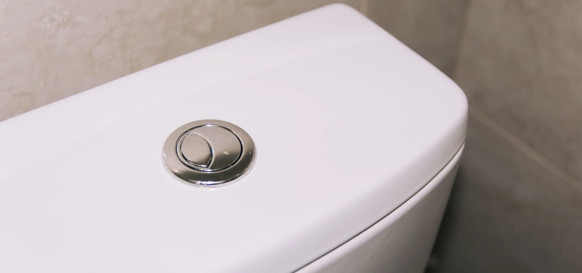 Chrome dual-flush push button on a white toilet tank lid