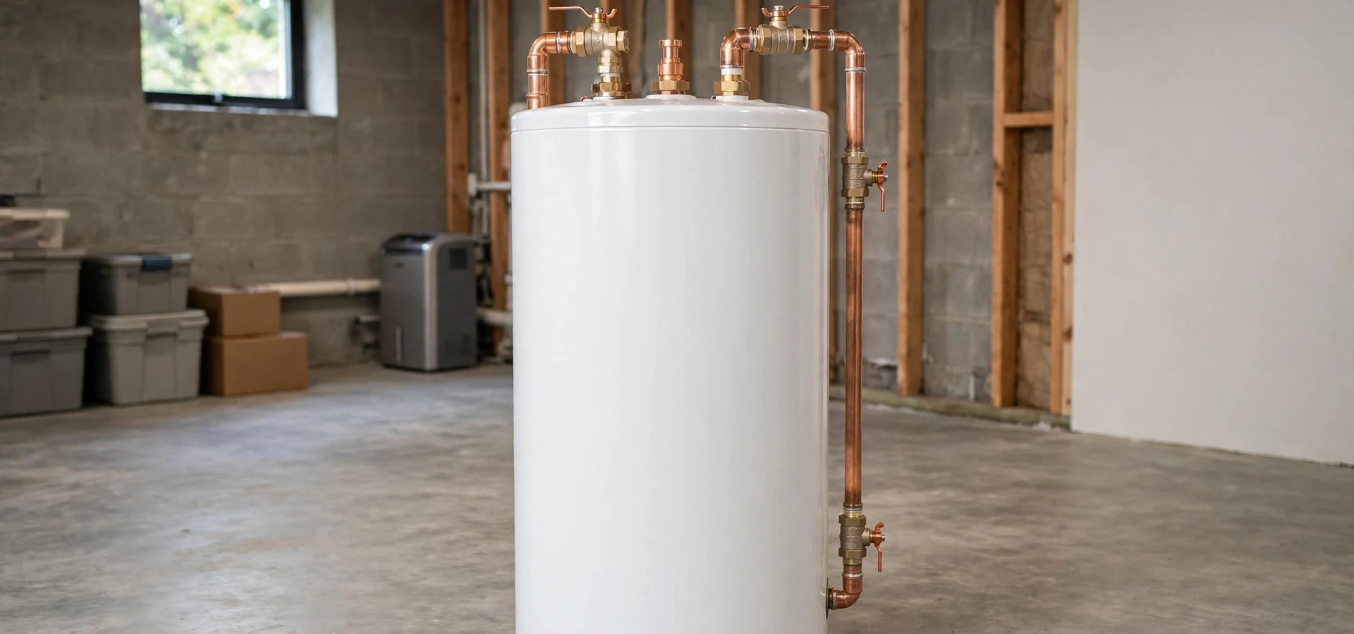 White tank water heater with copper pipes in a basement utility area