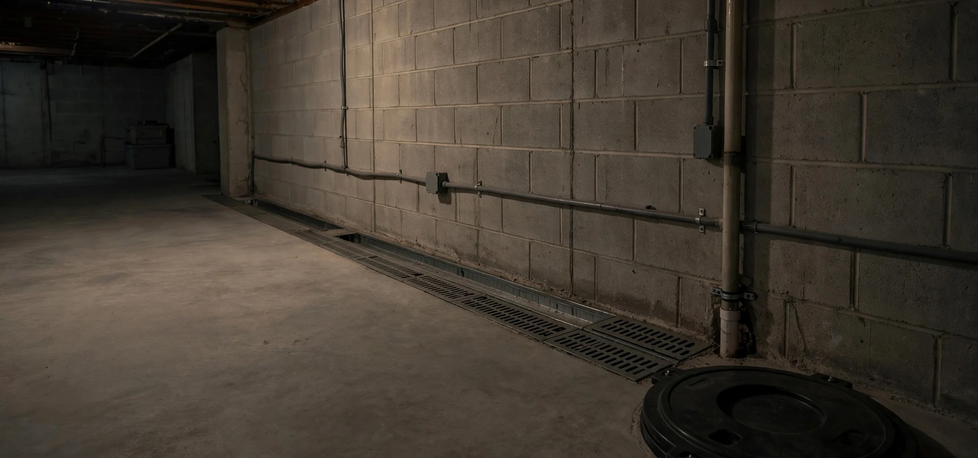 Dark basement with block walls, a floor drain channel and a sump lid